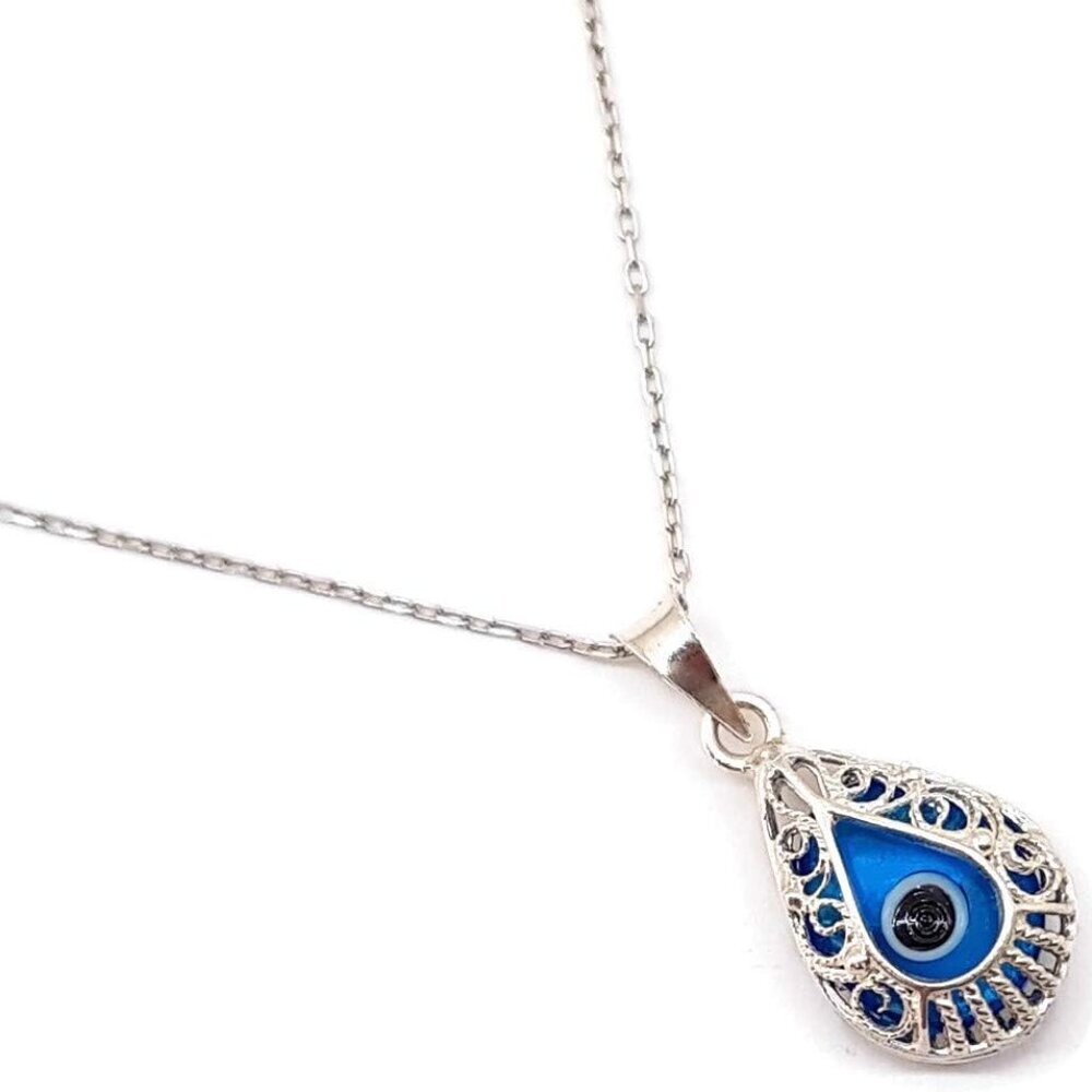 925 Sterling Silver Glass Evil Eye Drop Shape Filigree Pendant with Silver Chain